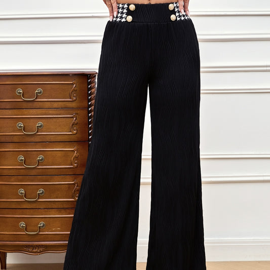 Ladies' Solid Color Thousand Bird Grid Printed Casual Elegant Style Wide Leg Pants Long Pants