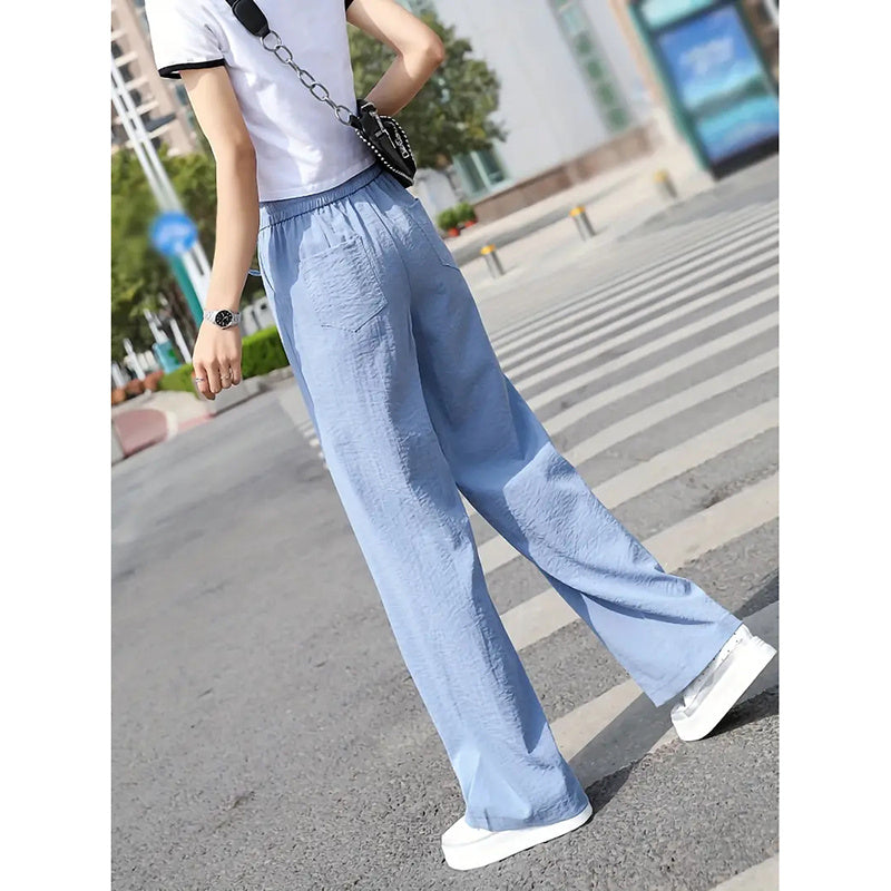 Women's Casual Pants Drawstring Elastic Waist Pants Flowy Wide Leg Trousers With Pockets