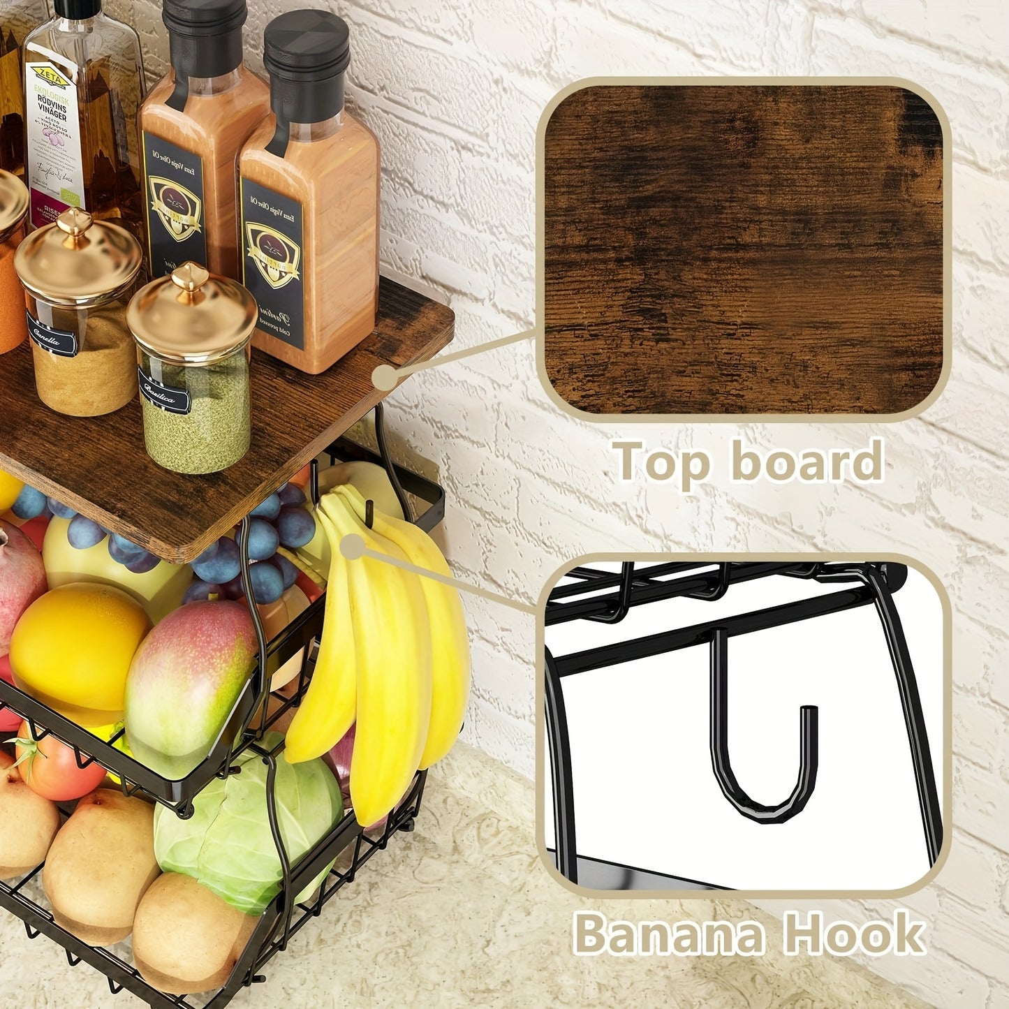 1pc 3-Layer Fruit Basket For Kitchen With 2 Banana Hooks, Suitable For Kitchen, Bread Vegetable Fruit Organizer With Wooden Handle, Large Capacity Rectangular Storage Rack, Black, Suitable For Restaur