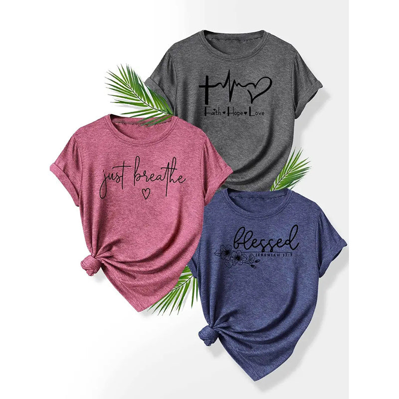 3PCS Women's Love Heart Leopard Graphic Print Tee Short Sleeve Crew Neck T Shirt Casual Summer Tops