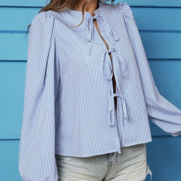 Ladies' Long Sleeved New Fashion Striped Printed Bow Tie Design Vacation Style Shirt