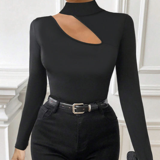 Ladies' Slim Fit, Fashionable, Elegant, Basic, Versatile, Careful Machine, Autumn And Winter High Neck Base Solid Color T-shirt, Chest Hollow Out Slimming Top