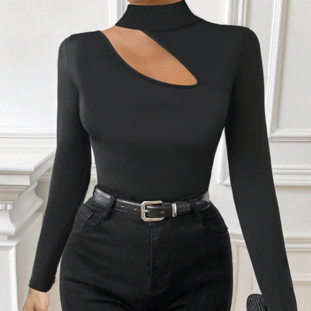 Ladies' Slim Fit, Fashionable, Elegant, Basic, Versatile, Careful Machine, Autumn And Winter High Neck Base Solid Color T-shirt, Chest Hollow Out Slimming Top