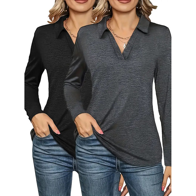2 Packs Womens Polo Shirts Long Sleeve Business Casual Tops Collared V Neck Basic Tees Blouse