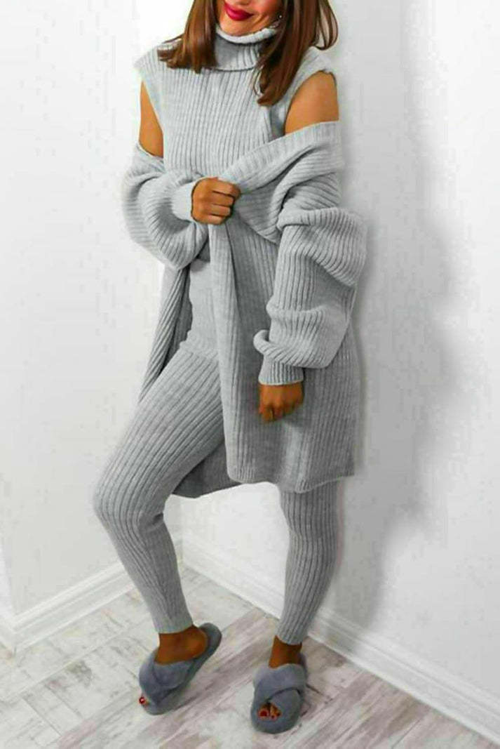 Ladies 3 Piece Suit Roll Neck Chunky Knitted Ribbed Tracksuit Lounge Set