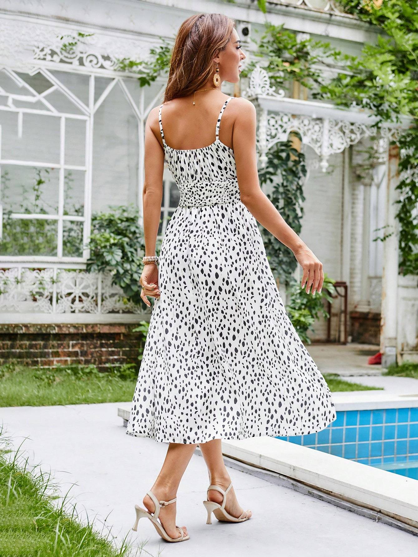 Women's Summer Dress With Gathered High Waist, Front Tie Belt, Dotted Pattern And Thin Straps