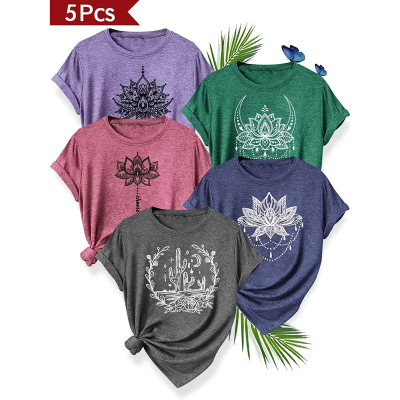 5 PCS Floral Graphic Shirt For Women Cute Flower Short Sleeve Ladies Tee Tops Teen Girls Casual T Shirt