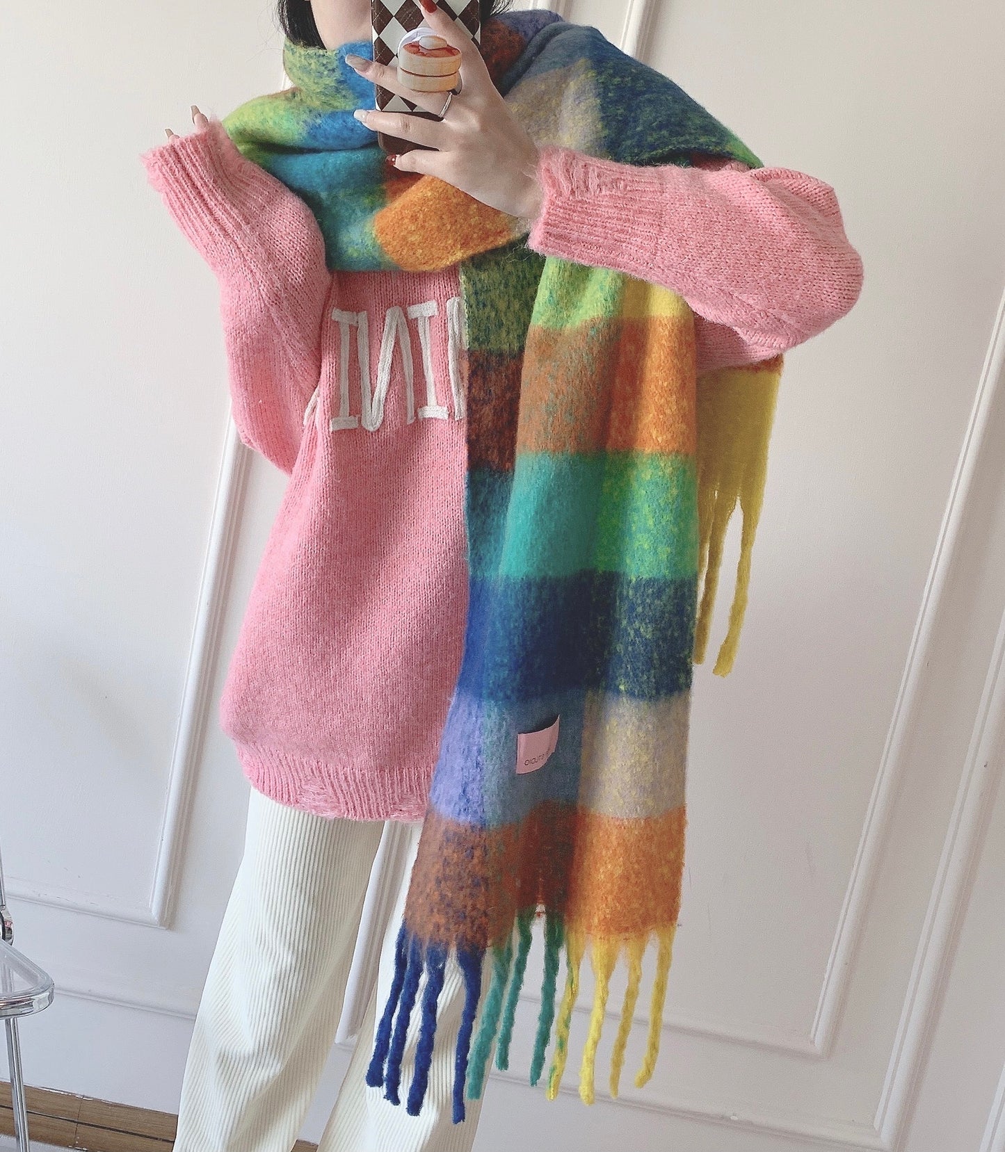 Double-sided Rainbow Plaid Large Scarf In Mohair