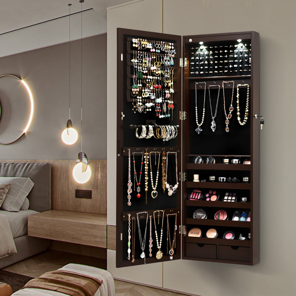Lockable Wall Mount Mirrored Jewelry Cabinet With LED Lights