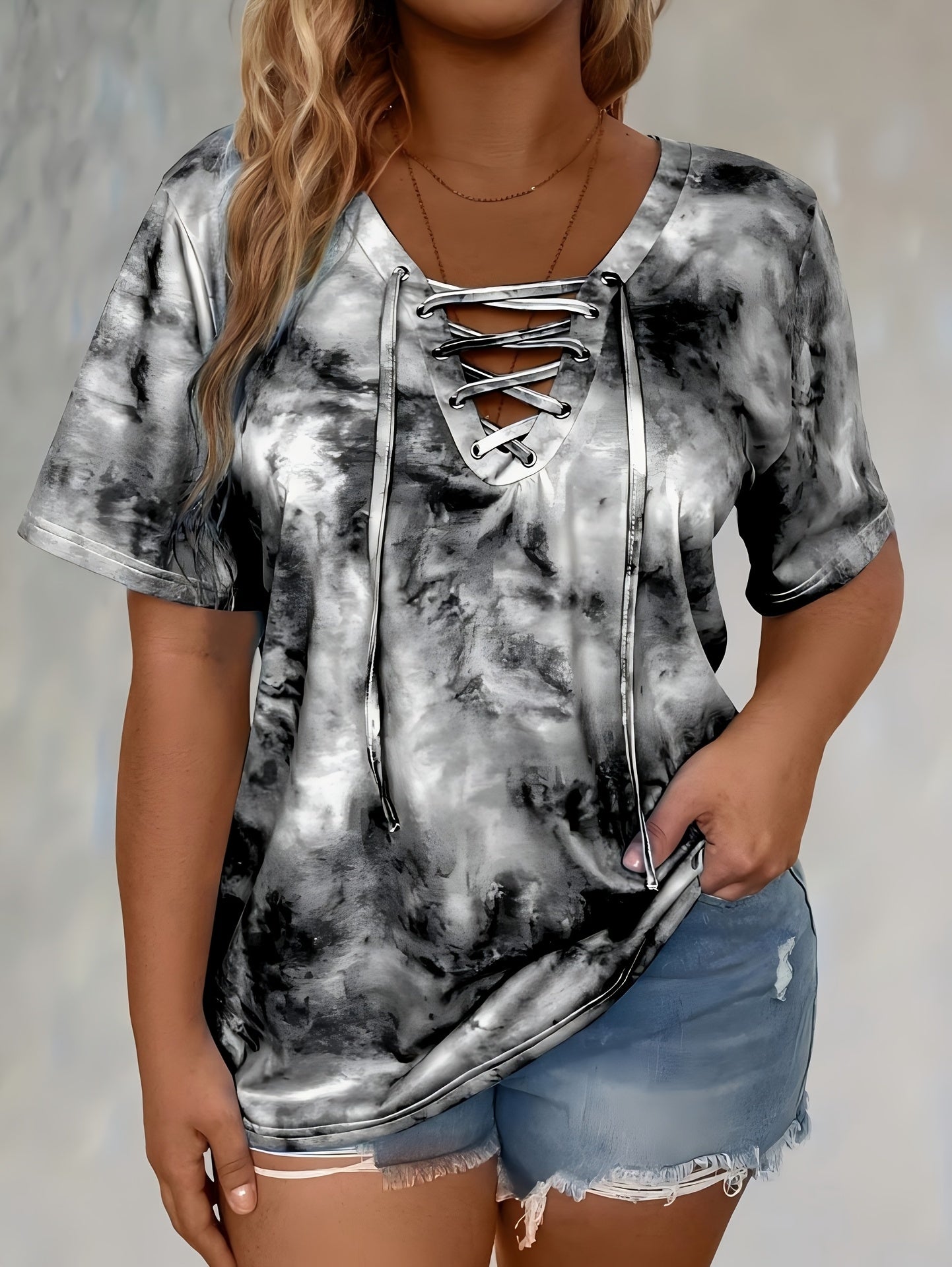 Self-pick-up Women's Tie Dye Printed Drawstring Casual Fashion Short Sleeve T-Shirt Only Self-pickup Is Supported