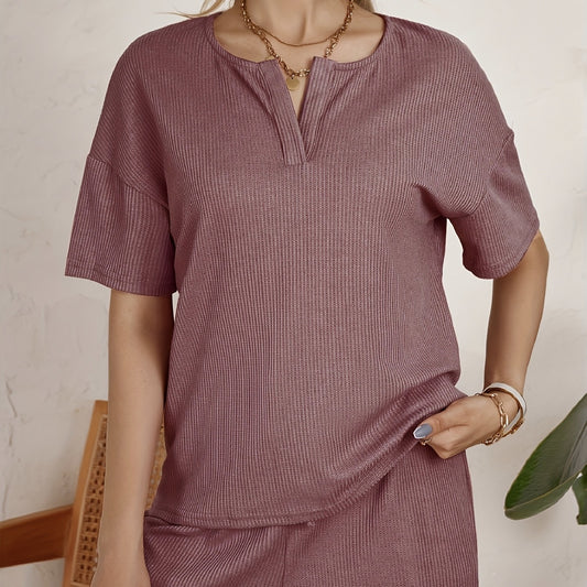 Women's Solid Color V-neck Waffle Fabric Loose Fitting Pullover Top And Waist Drawstring Home Casual Style Shorts Set