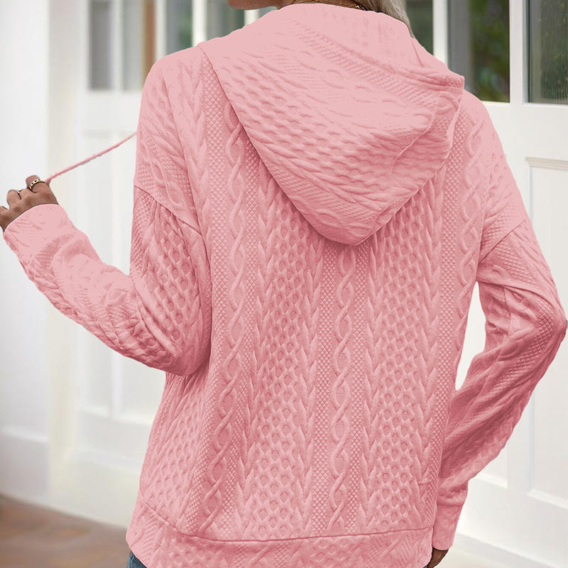 Women's V-Neck Solid Textured Long Sleeve Hoodie With Button Front & Kangaroo Pocket - Drawstring Hood Casual Pullover