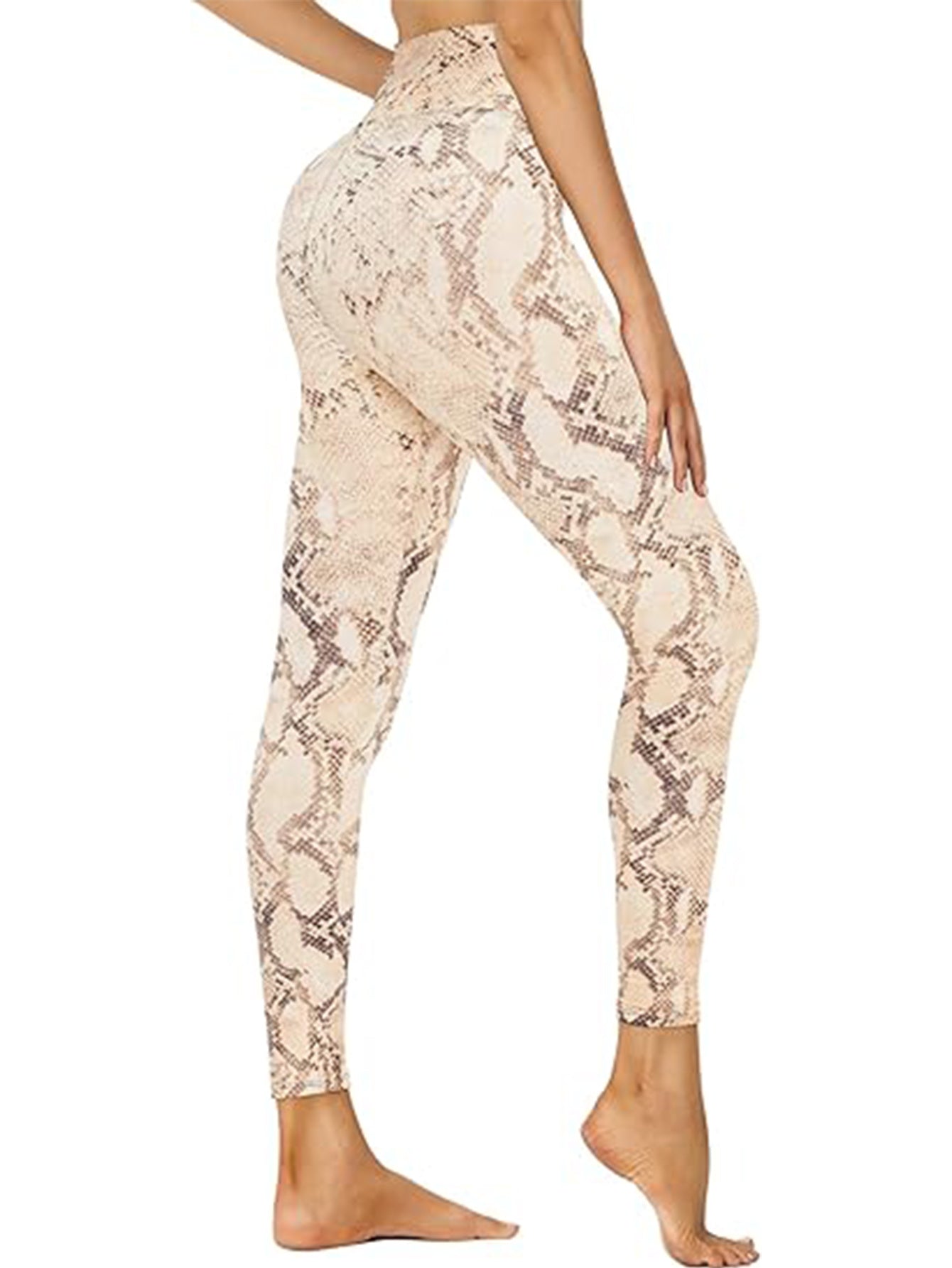 Leggings - Cropped High-waisted Printed Light Brown Snake Print