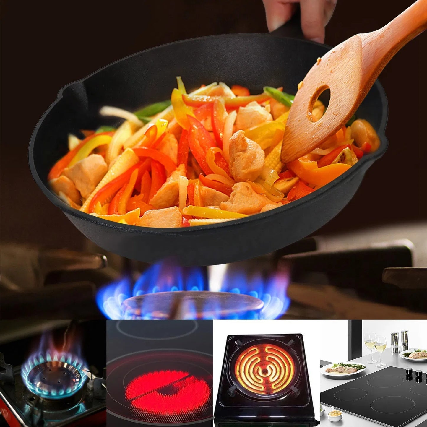 3Pcs Pre-Seasoned Cast Iron Skillet Set 6 8 10in Non-Stick Oven Safe Cookware Heat-Resistant Frying Pan
