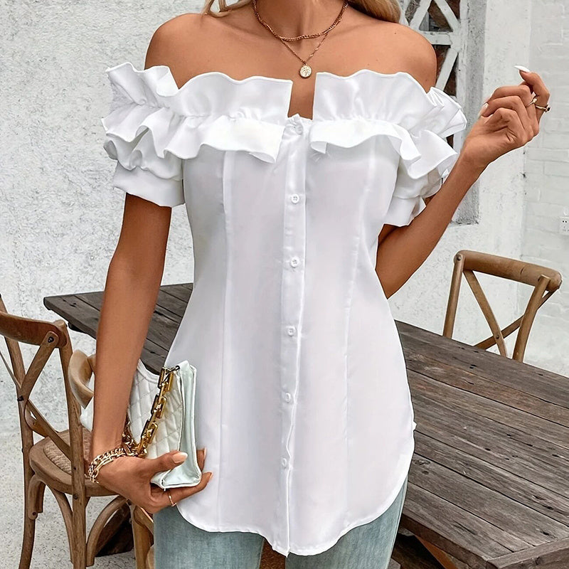 Women's Solid Color Off-Shoulder Ruffled Blouse - Waist Button-Down Shirt For Vacation & Daily Wear