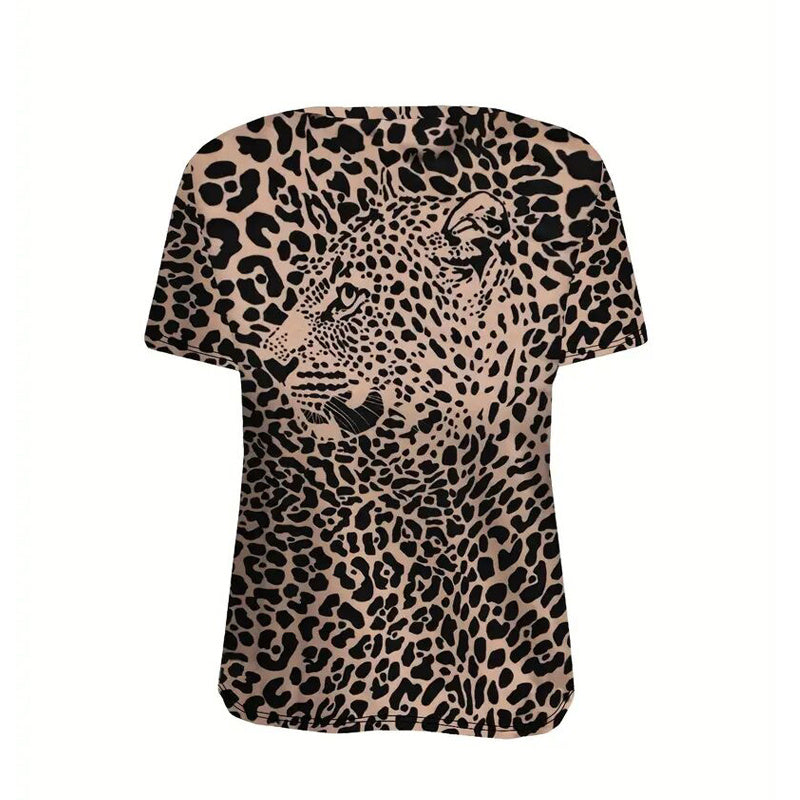 Women's Leopard Print Round Neck T-Shirt - Wild Chic Summer Short Sleeve Top