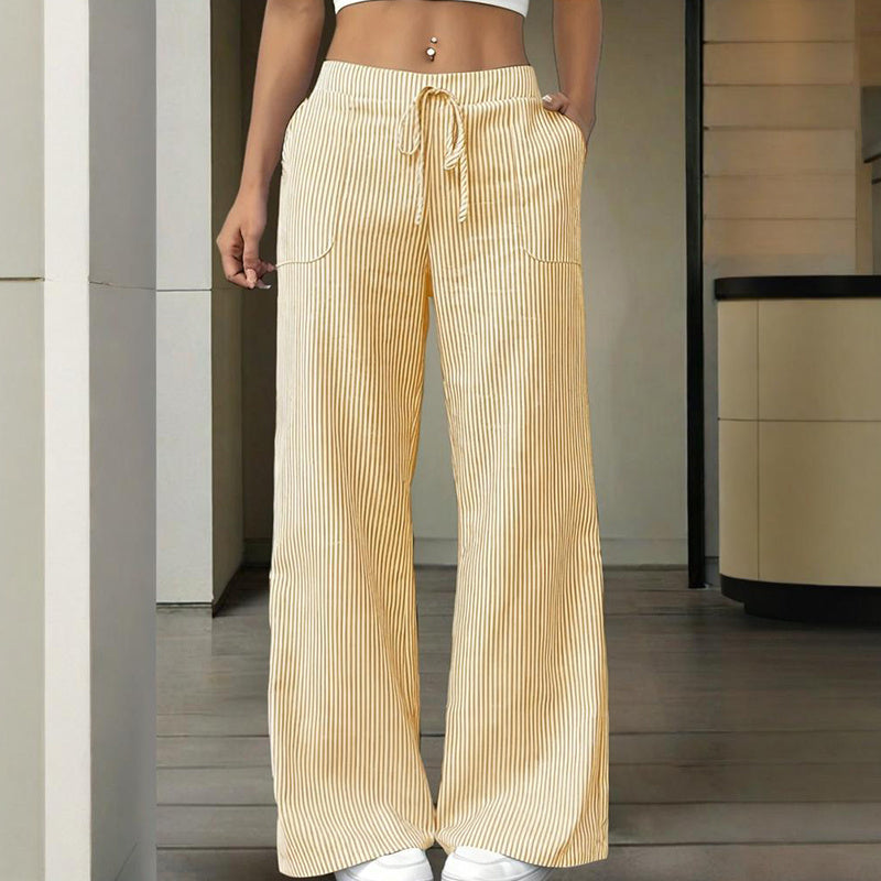 Women's Striped Wide Leg Pants With Pockets & Tie-Waist Detail - Casual Minimalist Trousers