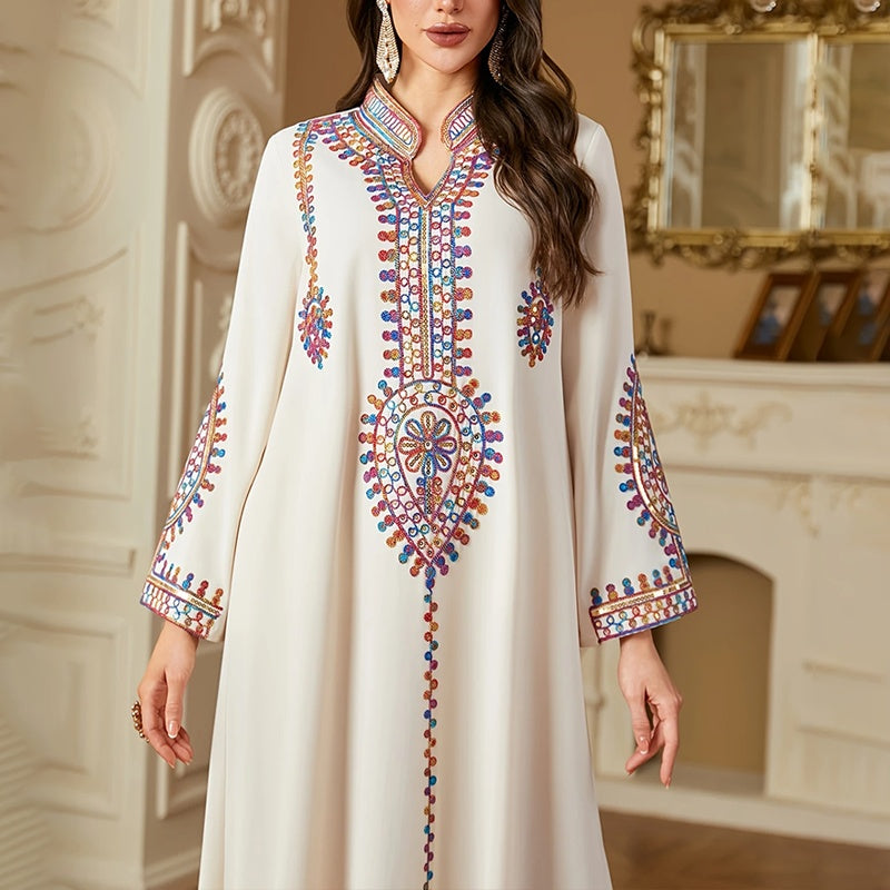 Elegant Women's Long Sleeve Floor-Length Dress - Stand Collar With Geometric Print & Sequins Detail Dress For Casual&Party Wear