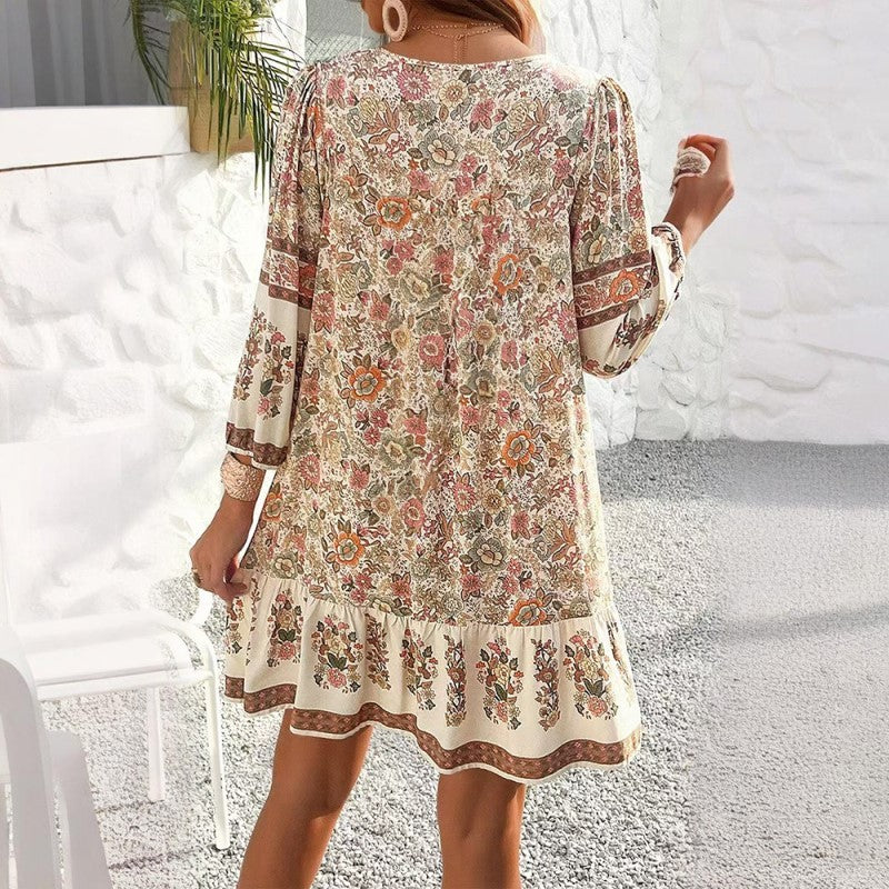 Women's Elegant V-Neck Fringe Bow Floral Print Dress Long Sleeve Comfortable Spring&Summer Dress