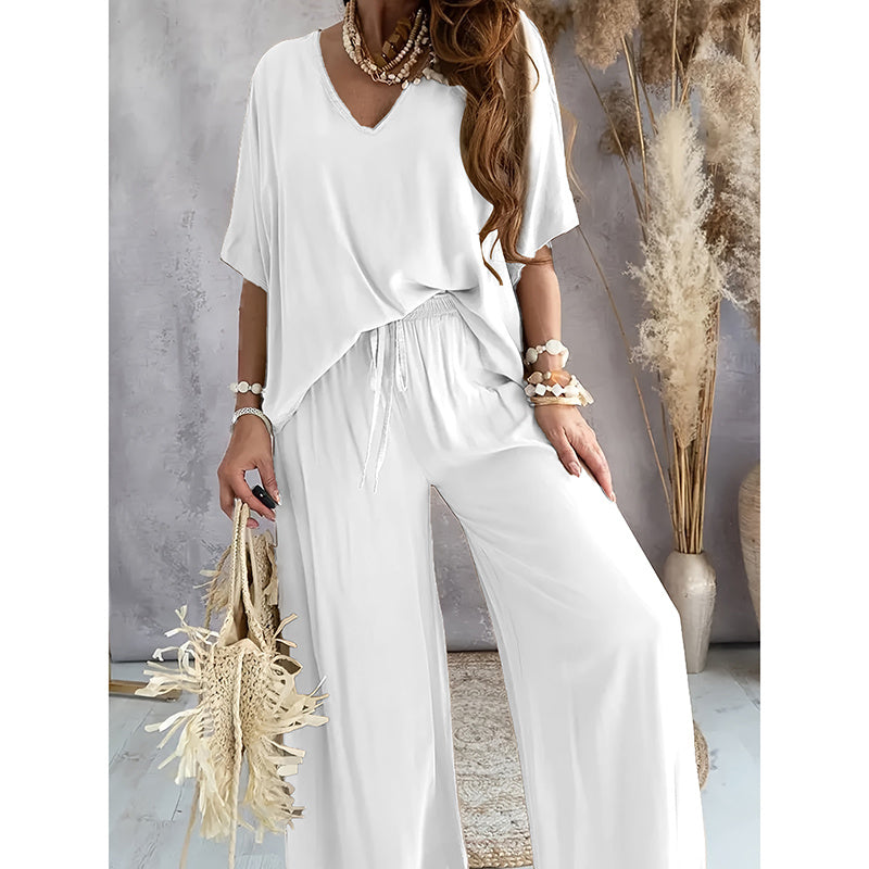 Women's 2 Piece Outfit, Casual Solid Color V-Neck Half Sleeve Top And Wide Leg Pants Lounge Set