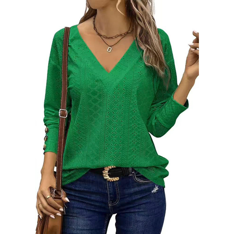 Womens Long Sleeve Eyelet Tops V Neck Fall Shirts Casual Loose Blouses Trendy Clothes