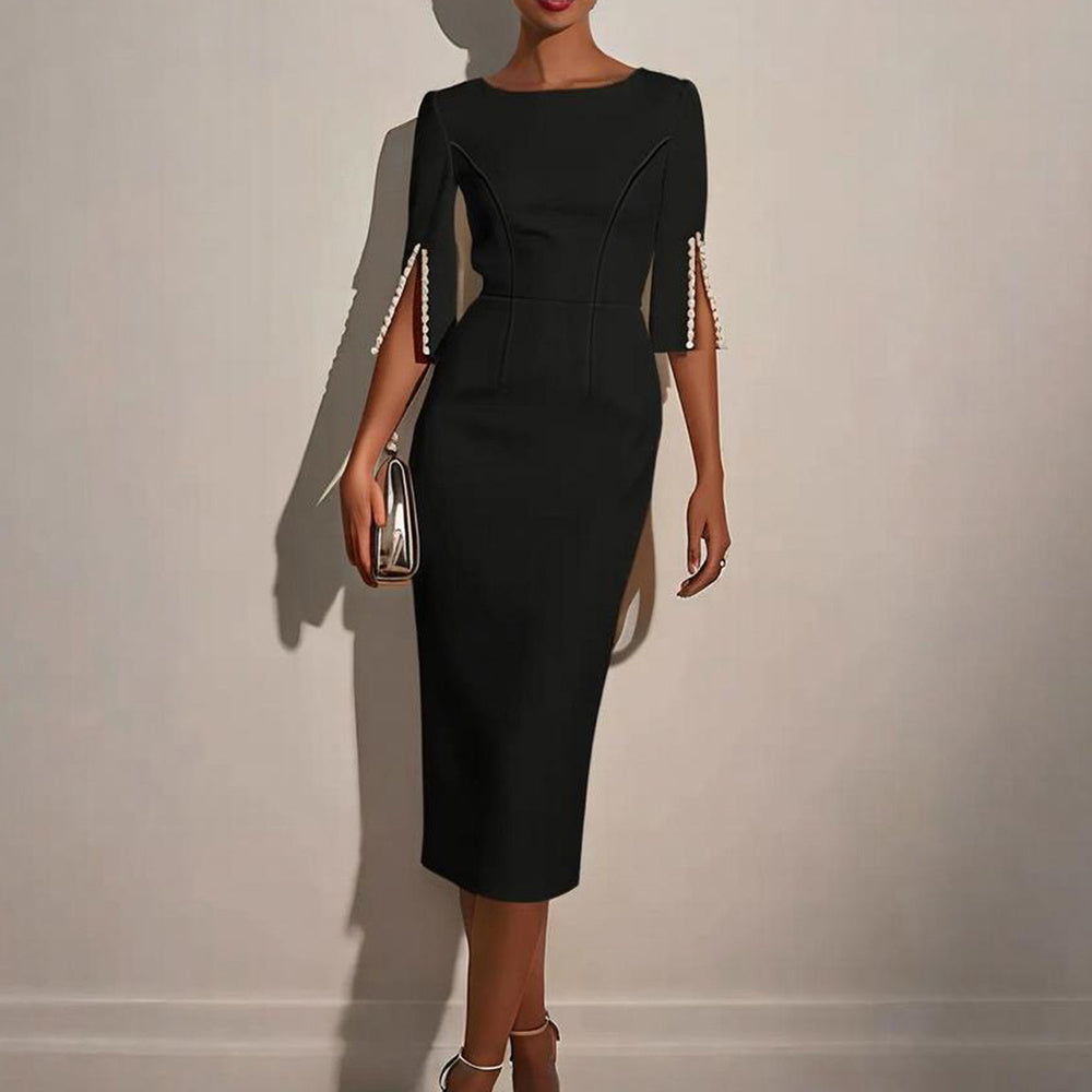 Women's Solid Color Pearl-Embellished Round Neck Dress - Elegant Back Zipper & Slit Sleeve Formal Dress