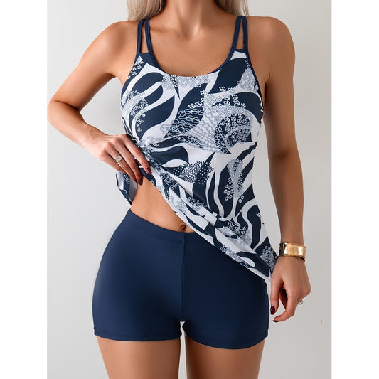 European And American New Women's Slim Fit Printed Boxer Shorts Two-piece Swimsuit Set