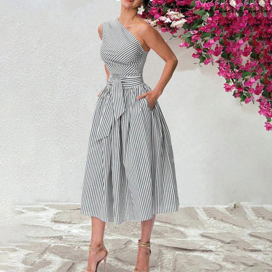 Women's Summer One Shoulder Striped Midi Dress Elegant Tie Waist Bodycon Dresses With Pockets