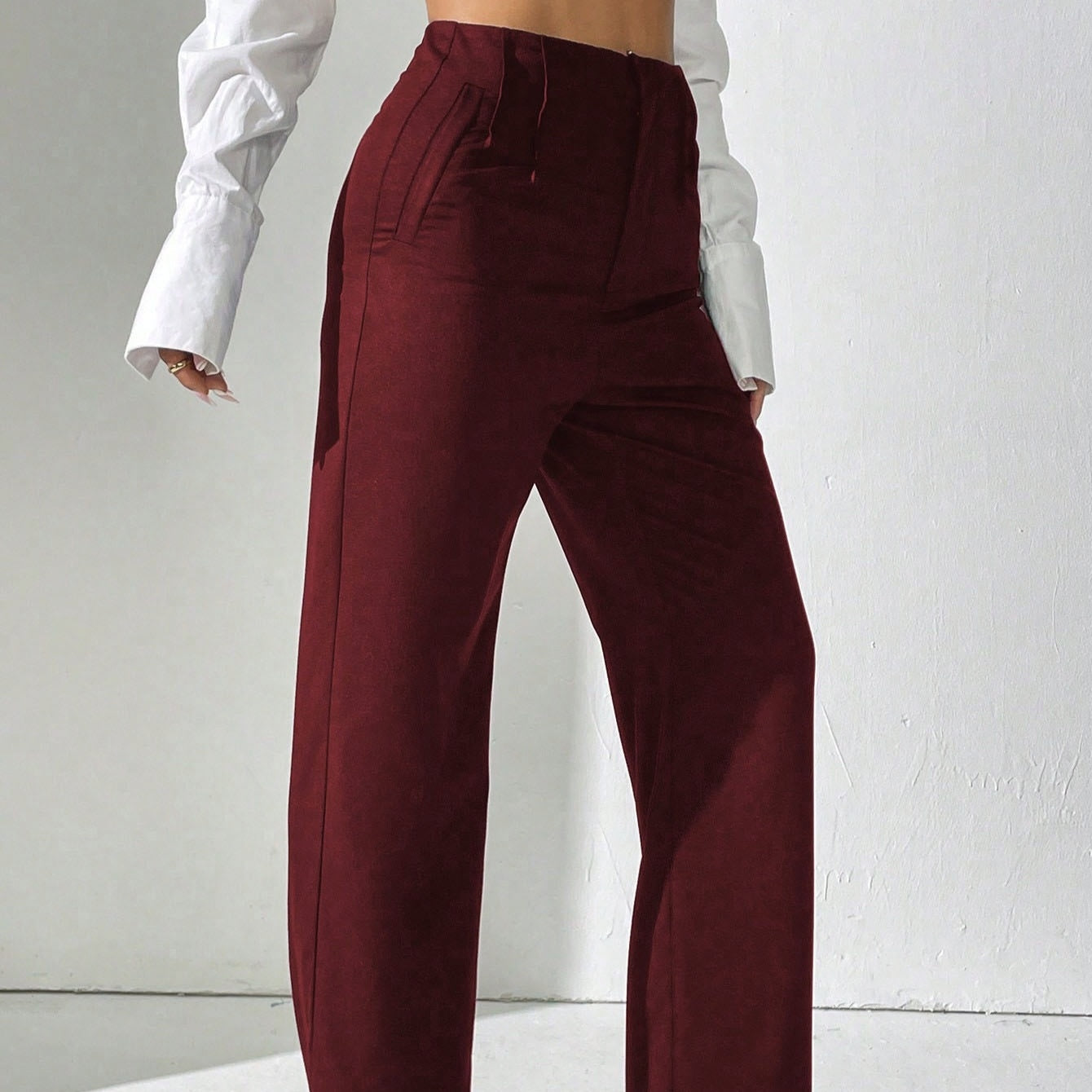 Ladies' Solid Color Elegant And Stylish Commuting Straight Leg High Waisted Wide Leg Pants