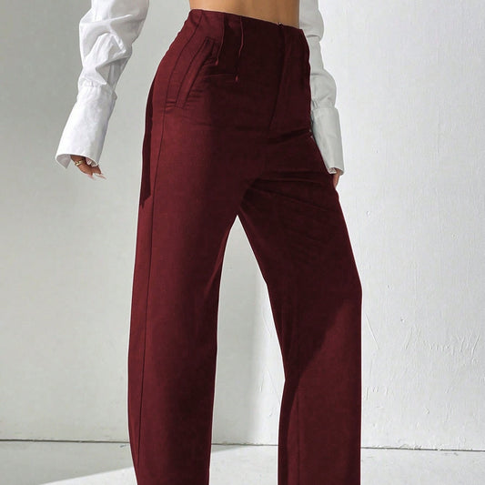 Ladies' Solid Color Elegant And Stylish Commuting Straight Leg High Waisted Wide Leg Pants