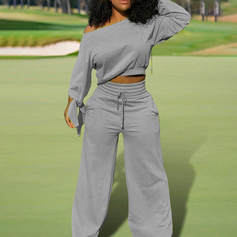 Women's One-Shoulder Casual Set - Solid Color Long Sleeve Top & Elastic Waist Pants With Drawstring & Pockets For Spring & Fall