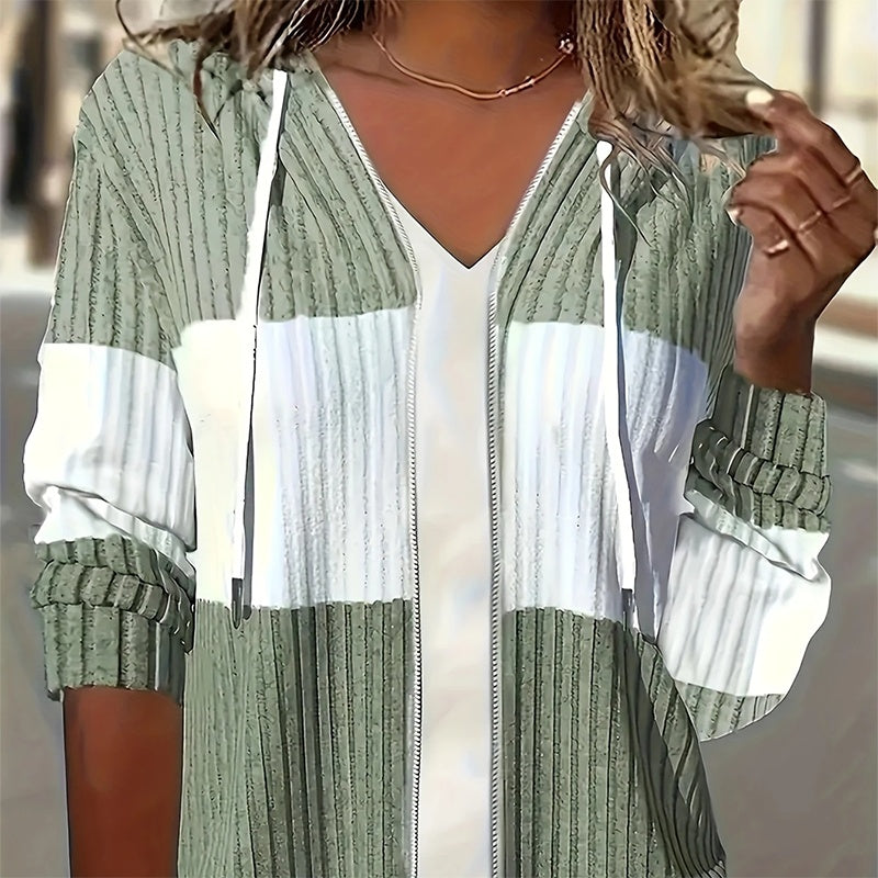 Women's Long Sleeve Color Block Zip-Up Hooded Hoodie Jacket Drawstring Ribbed For Spring & Fall Casual