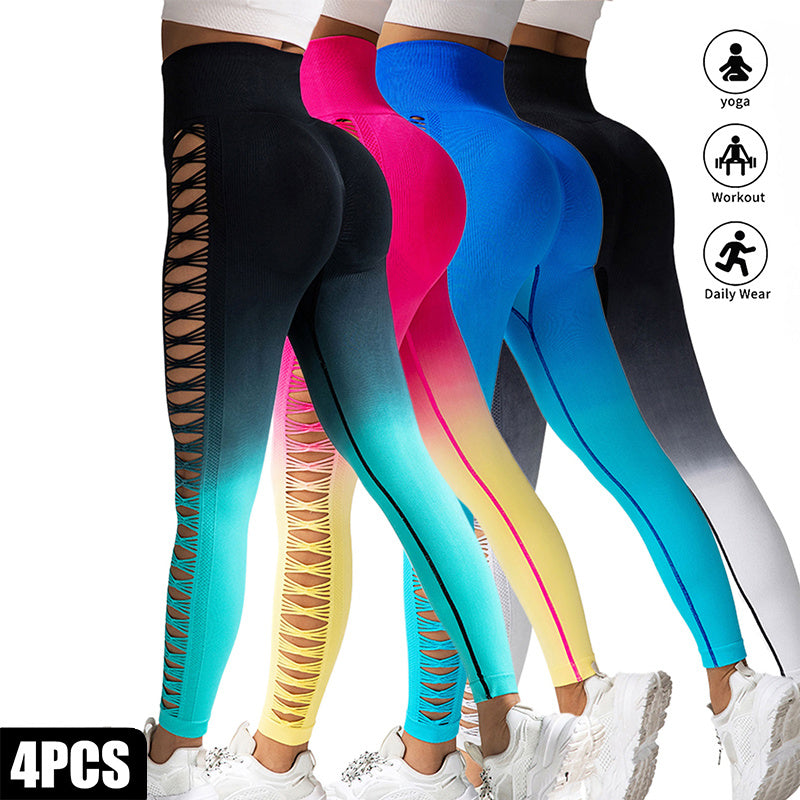 4 Pack Cut Out Ombre Gradient Color Hollow High-waist Butt-lifting Fitness Women's Yoga Pants, Women's High Waist Yoga Pants Cutout Ripped Super Soft And Comfortable Skinny Leggings