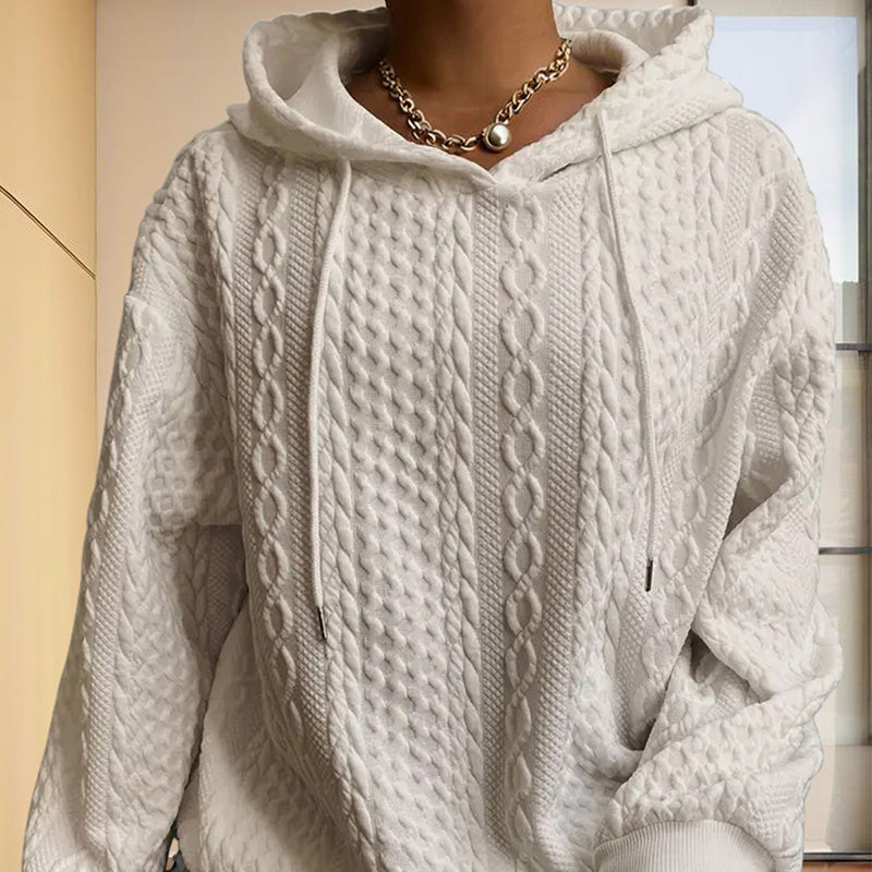 Women's Solid Color Ribbed Design Long Sleeve Hoodie - Loose Fit Drawstring Pullover For Fall & Winter Casual Wear