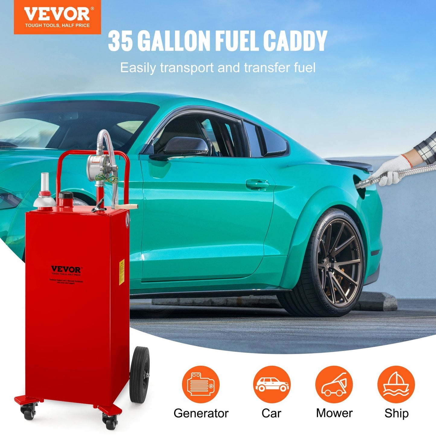 VEVOR Fuel Caddy, 35 Gallon, Gas Storage Tank On 4 Wheels, With Manuel Transfer Pump, GasolineFuel Container For Cars, Lawn Mowers, ATVs, Boats, More, Red