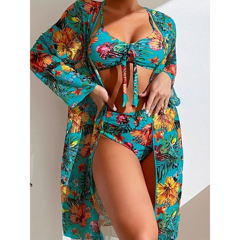 Ladies' Tankini Beach Wear Three Piece Set Sun Protection Long Sleeved Knotted Flower Print Hot Spring Swimsuit