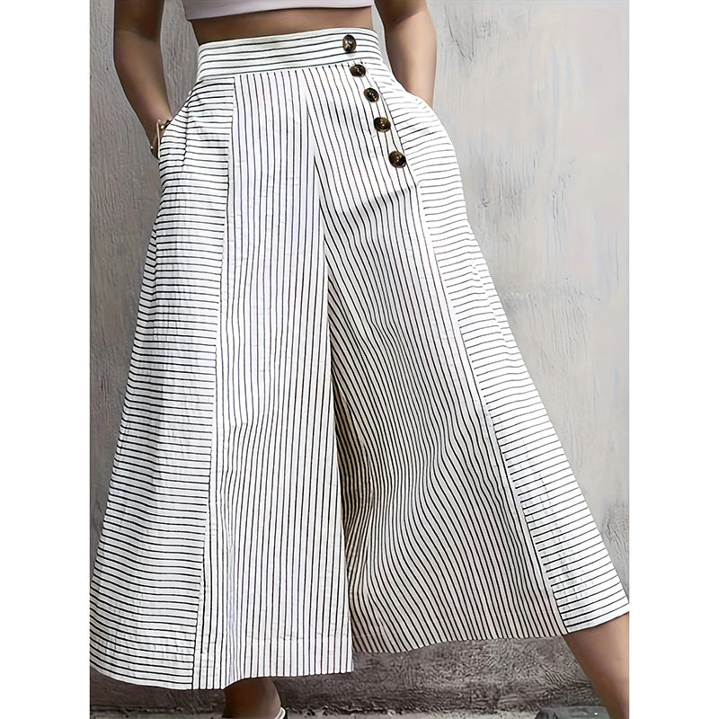 Womens Summer Casual Loose Striped Wide Leg Lounge Pants Elastic Waist Trousers With Button Details