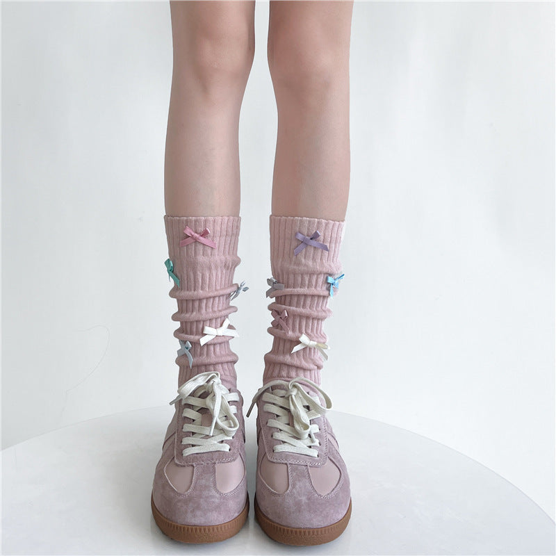 Candy-colored Bow Pile Style Calf Socks Women's Handmade Tube Socks