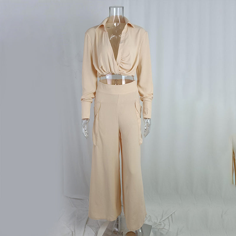 Women's Plus Size Elegant Pant Set - Crisscross Detail Top & Wide Leg Pants With Pockets Office & Casual Outfit