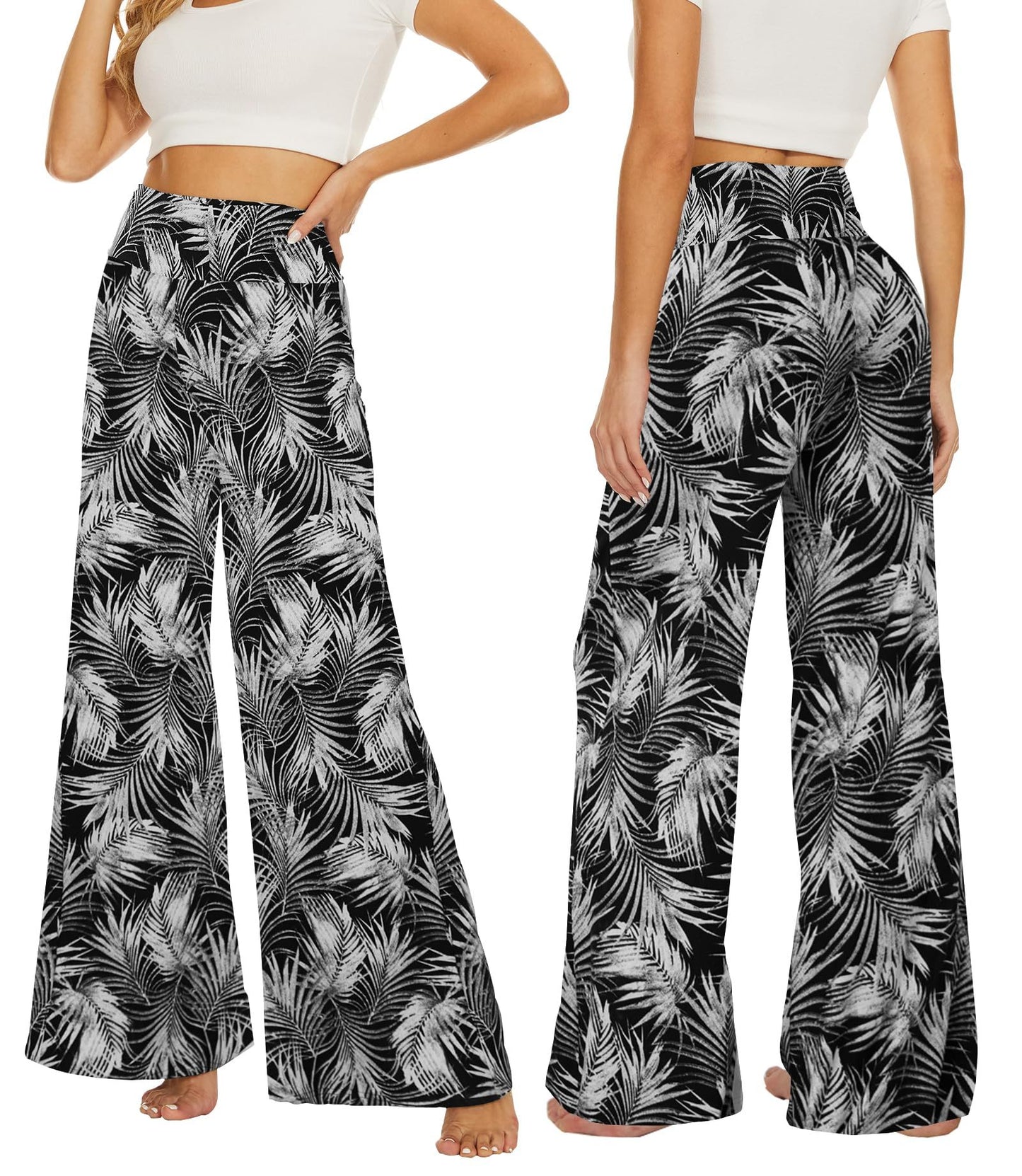 Wide-leg Trousers - Skirt Printed With White Leaves