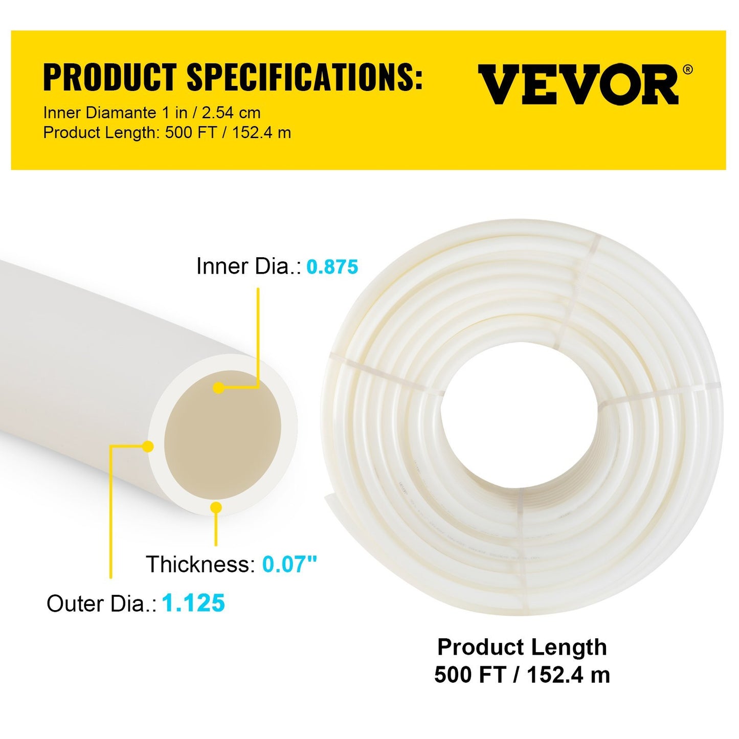 VEVOR PEX Pipe, 1 Inch X 500 FT PEX Tubing, Non Oxygen Barrier White PEX-B Pipe, Flexible PEX Water Line For RV Sewer Hose, Plumbing, Radiant Heating
