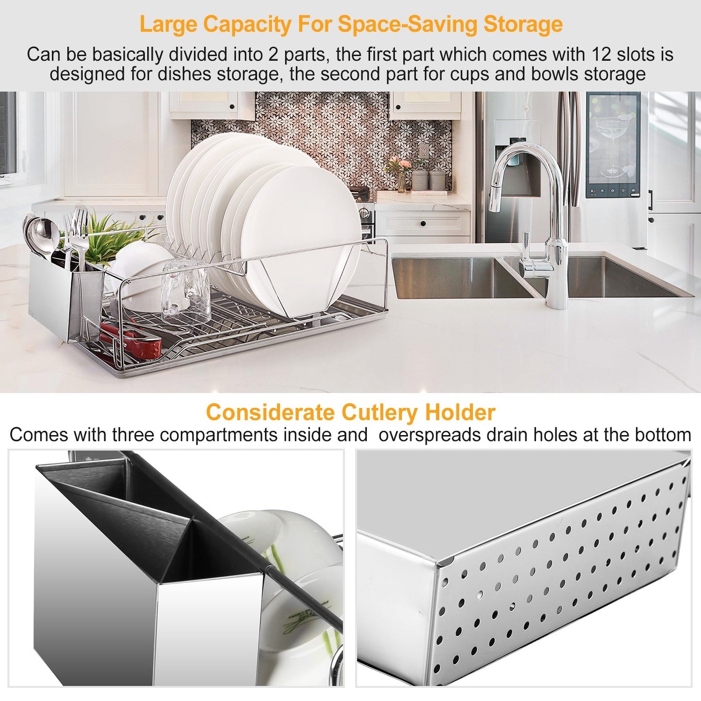 Dish Drying Rack Stainless Steel Dish Rack Drainboard Cutlery Holder Kitchen Dish Organizer