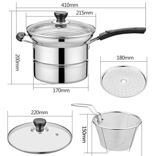 4pcs Non Stick Chip Pan Deep Fat Fryer Cooking Noodle Soup Pot Frying Basket Lid