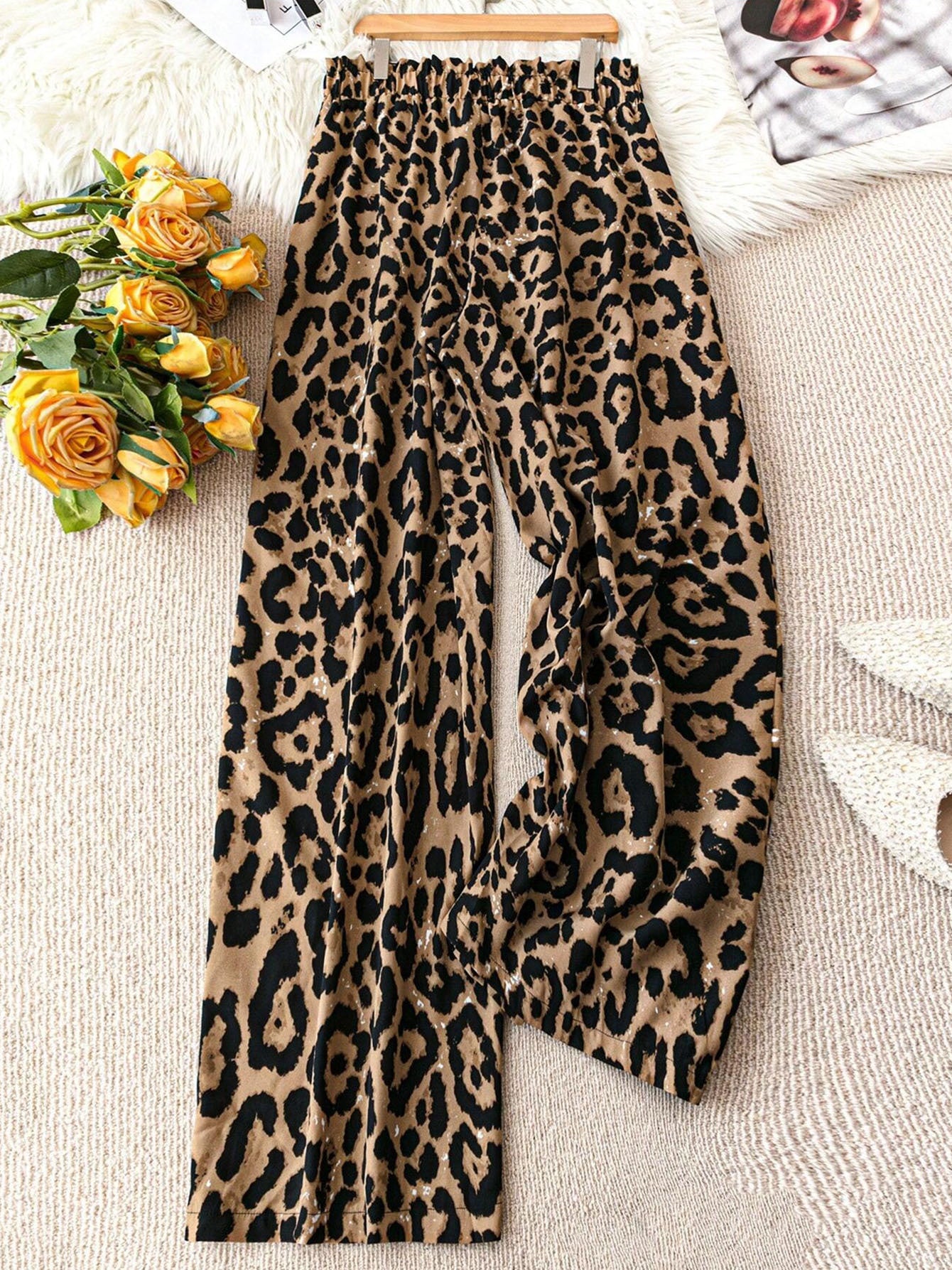 Women's Plus Size Leopard Print Wide-Leg Pants - Summer Casual Vacation Style Elastic Waist Long Trousers