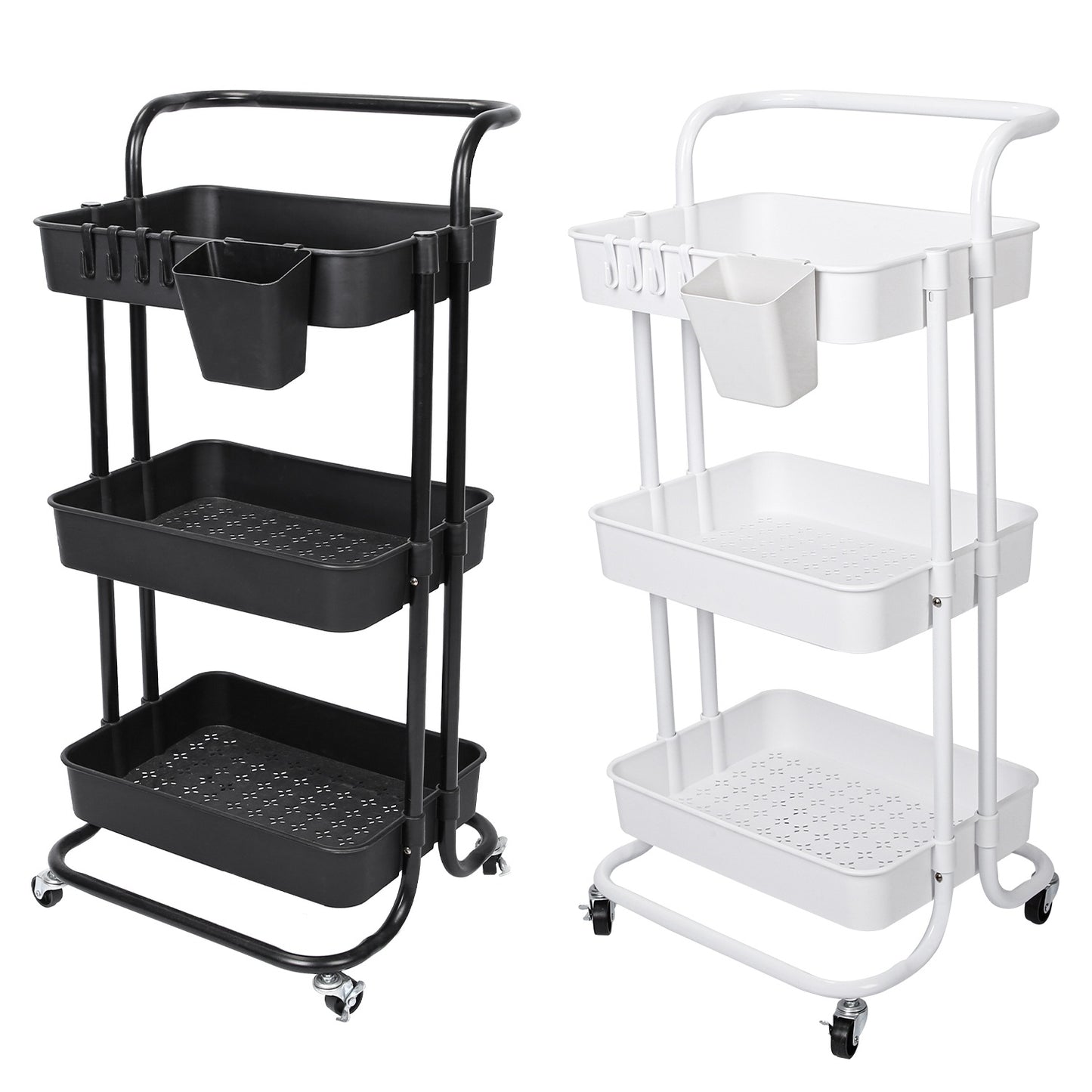 Black-White Color Options 1Pc 3 Tier Rolling Utility Cart Movable Storage Organizer With Mesh Baskets Lockable Wheels 360 Degree Rotatable Hanging Box Hooks Bedroom Bathroom Kitchen