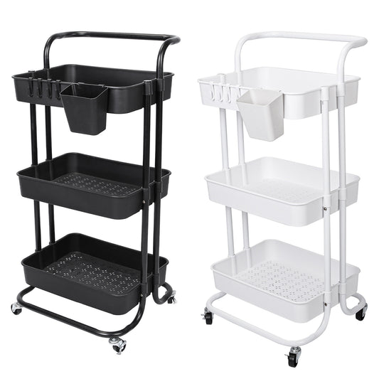 Black-White Color Options 1Pc 3 Tier Rolling Utility Cart Movable Storage Organizer With Mesh Baskets Lockable Wheels 360 Degree Rotatable Hanging Box Hooks Bedroom Bathroom Kitchen