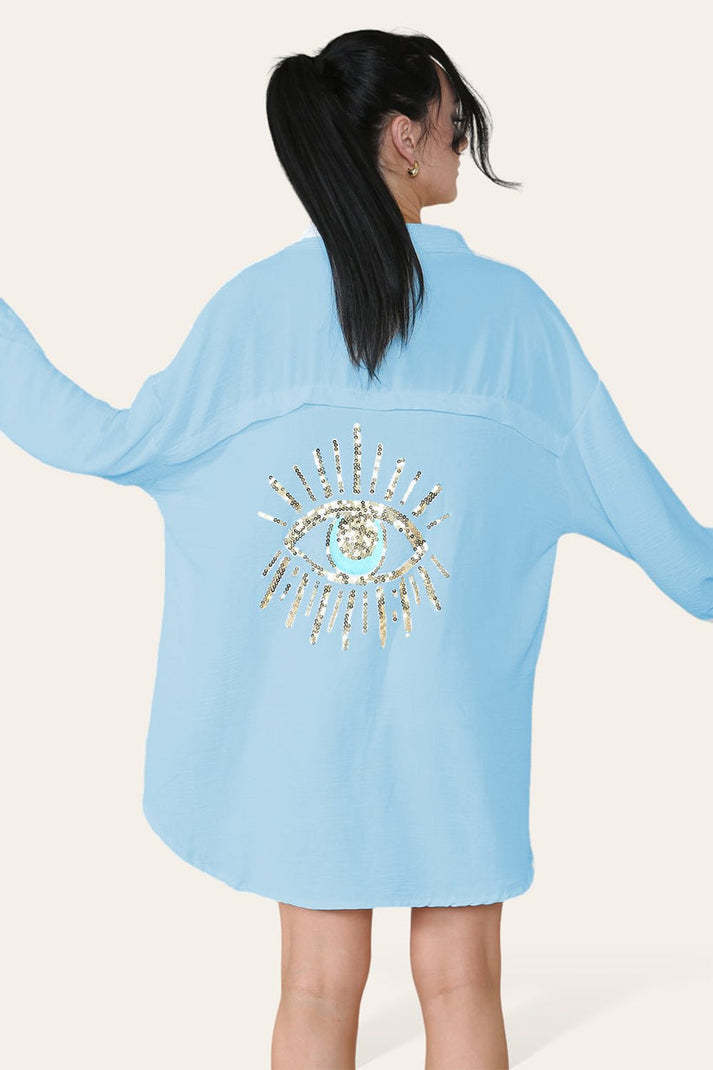 Oversized Long Sleeve Gold Sequin Eye Button Up Shirt