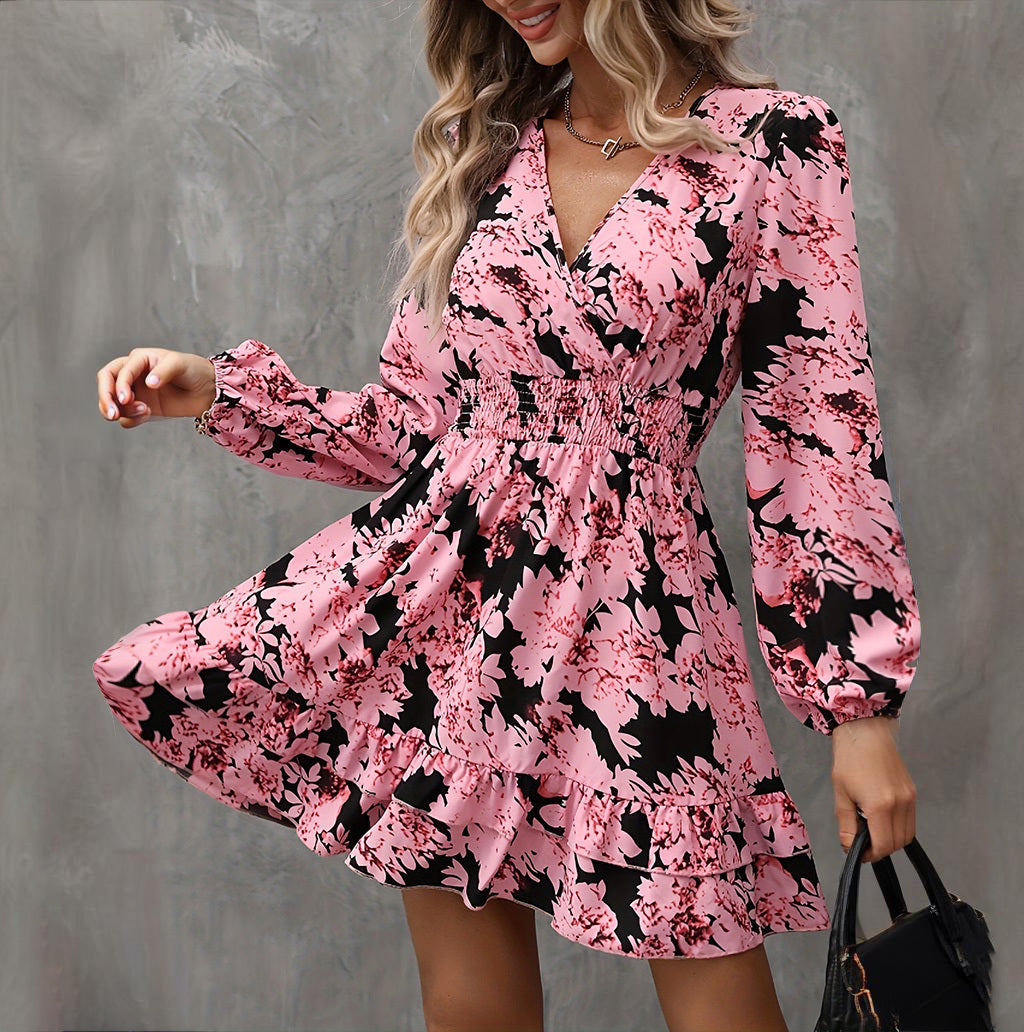 Women's Elegant Printed Lantern Sleeve A-Line Dress V-Neck, Ruffled Gathered Waist Detail, Flowy Midi Dress For Casual & Formal Occasions