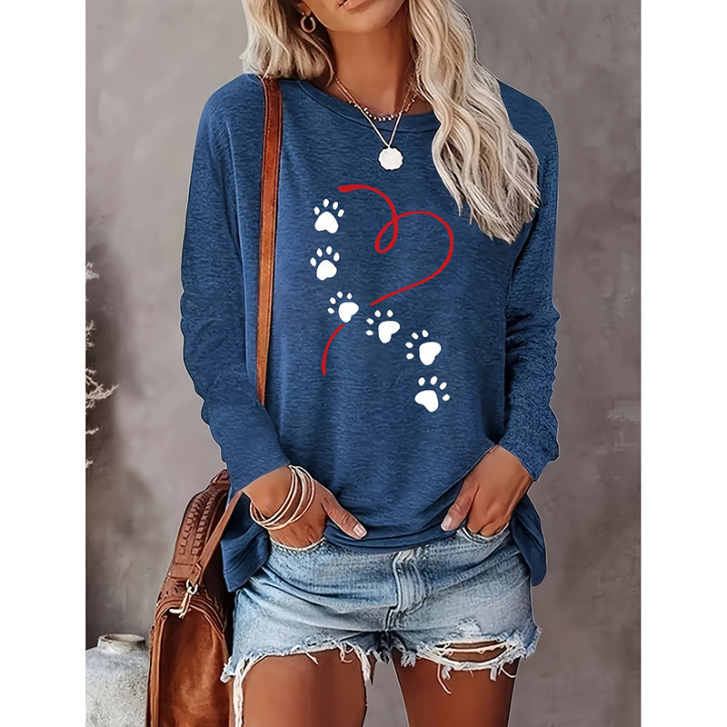 Women's Heart & Dog Paw Print T-shirt, Cute Crew Neck Long Sleeve Top For Spring & Fall