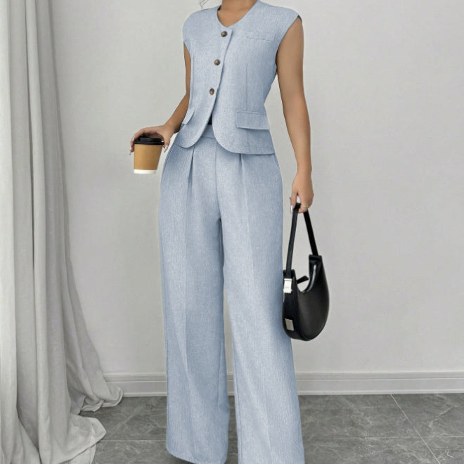 Ladies' Casual Commuting Solid Color Sleeveless Vest And Pants Set